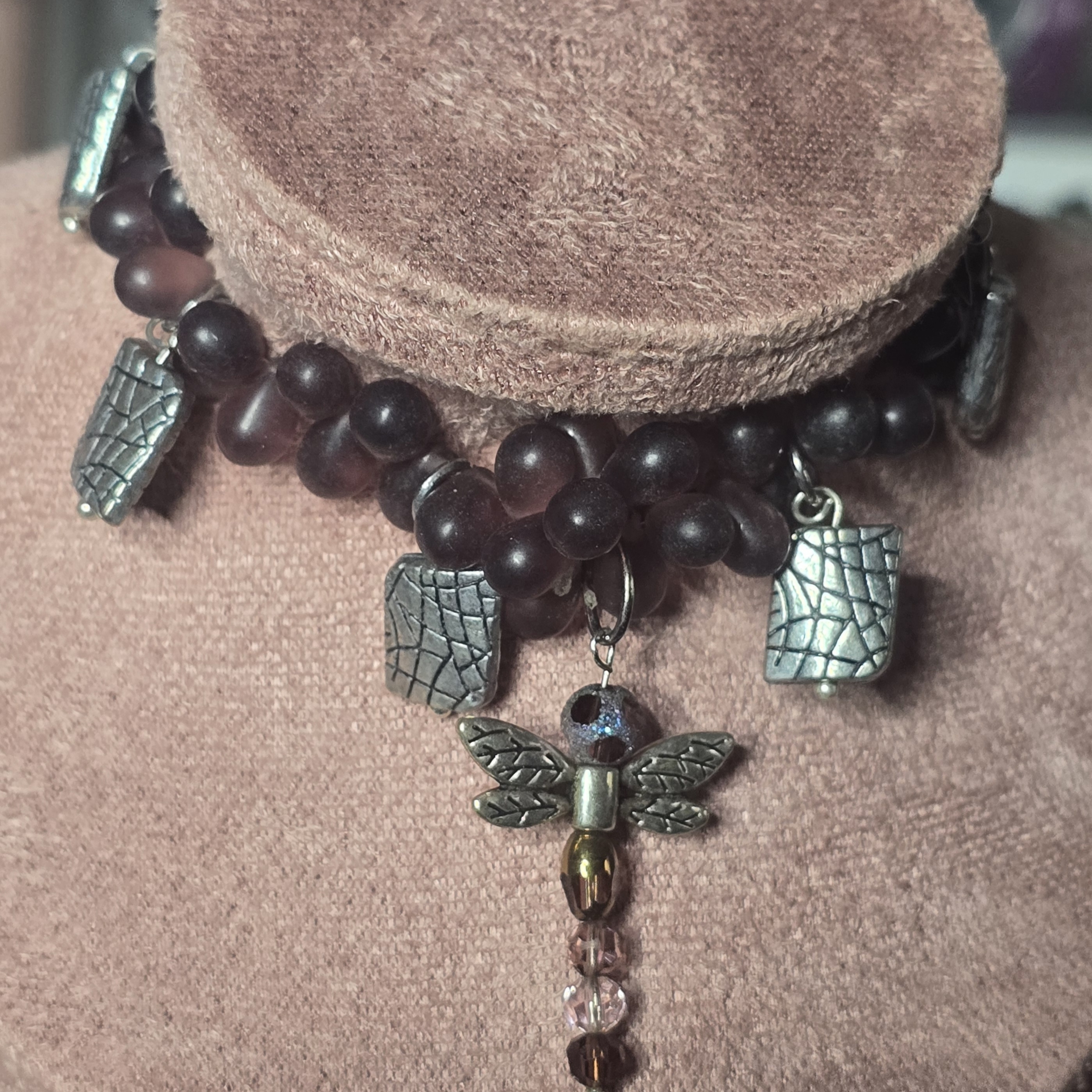 Purple Czech Glass Beaded Dragonfly Charm Bracelet